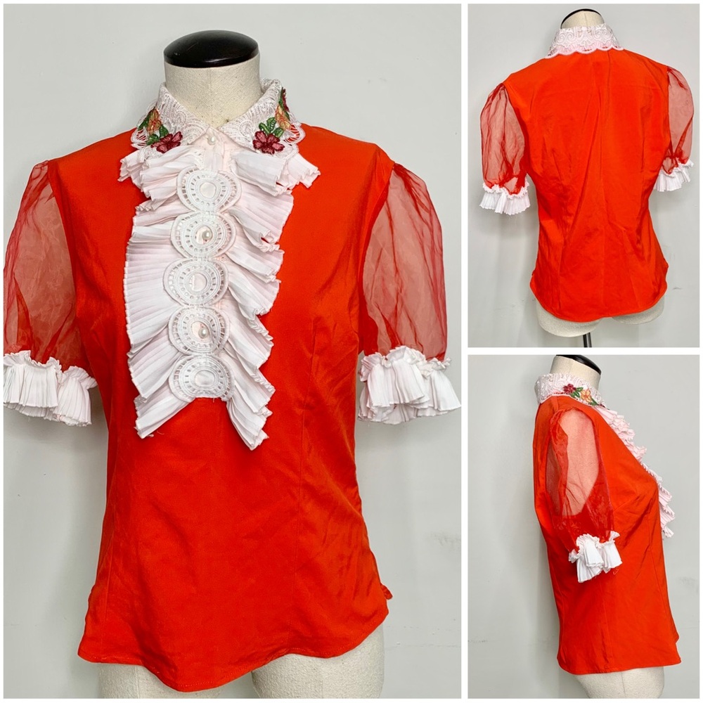 Elegant Red Ruffled Women's Top Large